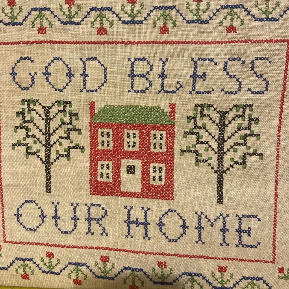 Vintage Handmade Cross Stitch "God Bless Our Home" Navy Red On Backing